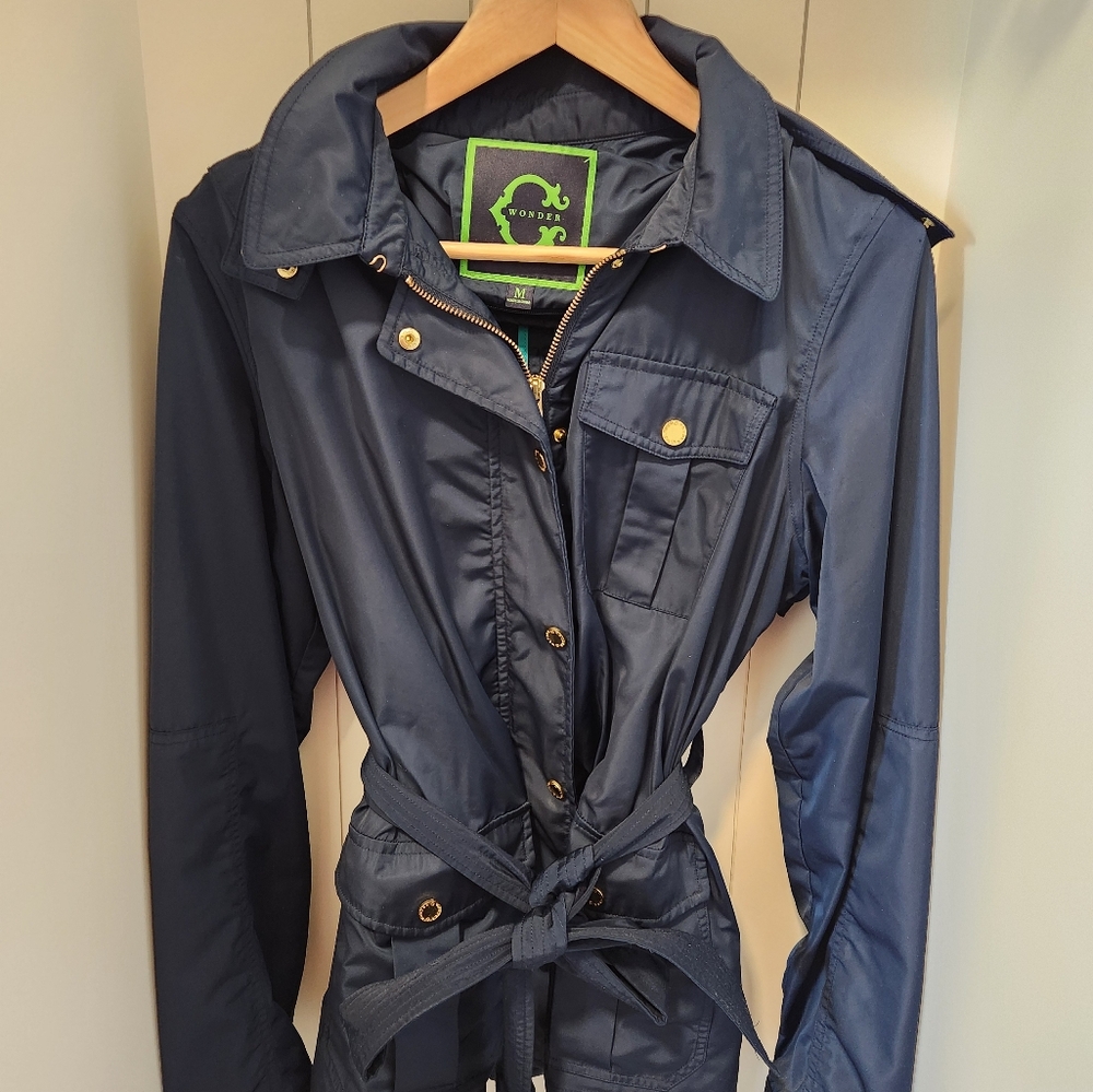 C. Wonder Blue and Gold Trench Coat with Belted Waist